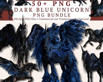 May include: A digital collection of over 50 PNG files featuring dark blue unicorns with feathered wings and flowing manes. The images display various poses of these creatures against a light background, with text reading 50+ PNG DARK BLUE UNICORN PNG BUNDLE.