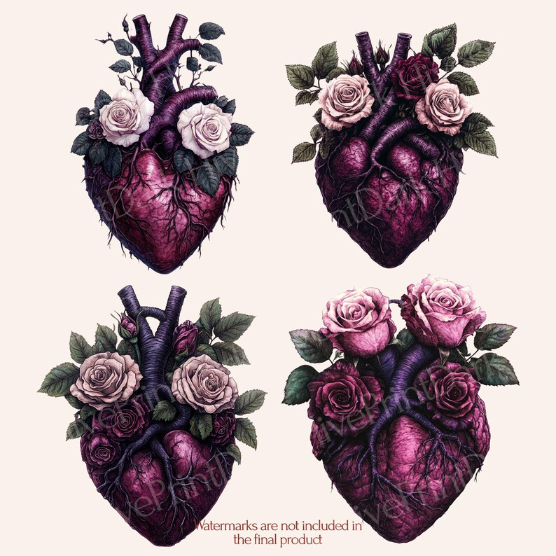 Purple Floral Anatomical Heart PNG Bundle — 12 unique deep purple anatomical hearts entwined with white roses, perfect for gothic, witchy, and dark romance aesthetic projects. Mystical and romantic — ideal for gothic stationery, dark journals, and dark romance design.