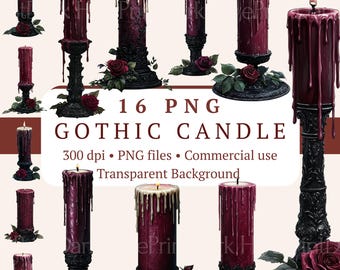 Gothic Candle PNG Clipart Bundle 16 Files | Dark Romance Rose Candle | Halloween Witchy Clipart