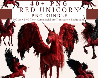 May include: A digital collection of 40+ PNG red unicorn images featuring winged creatures with black feathers and horns. The bundle includes various poses of these mythical animals, labeled as 300 dpi PNG files with a transparent background.