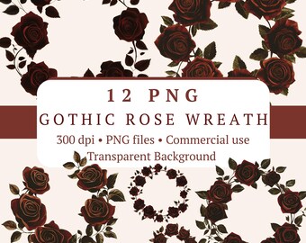 Gotisk roskrans PNG-paket 12 filer | Mörkvinröda Halloween-blommor | Junk Journal-bröllopskonst