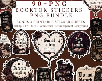 Booktok-klistermärken PNG-paket, Gothic Dark Academia-läsning Clipart, bokliga klistermärkesark, Bookworm PNG, skräpjournal och planerare för nedladdning