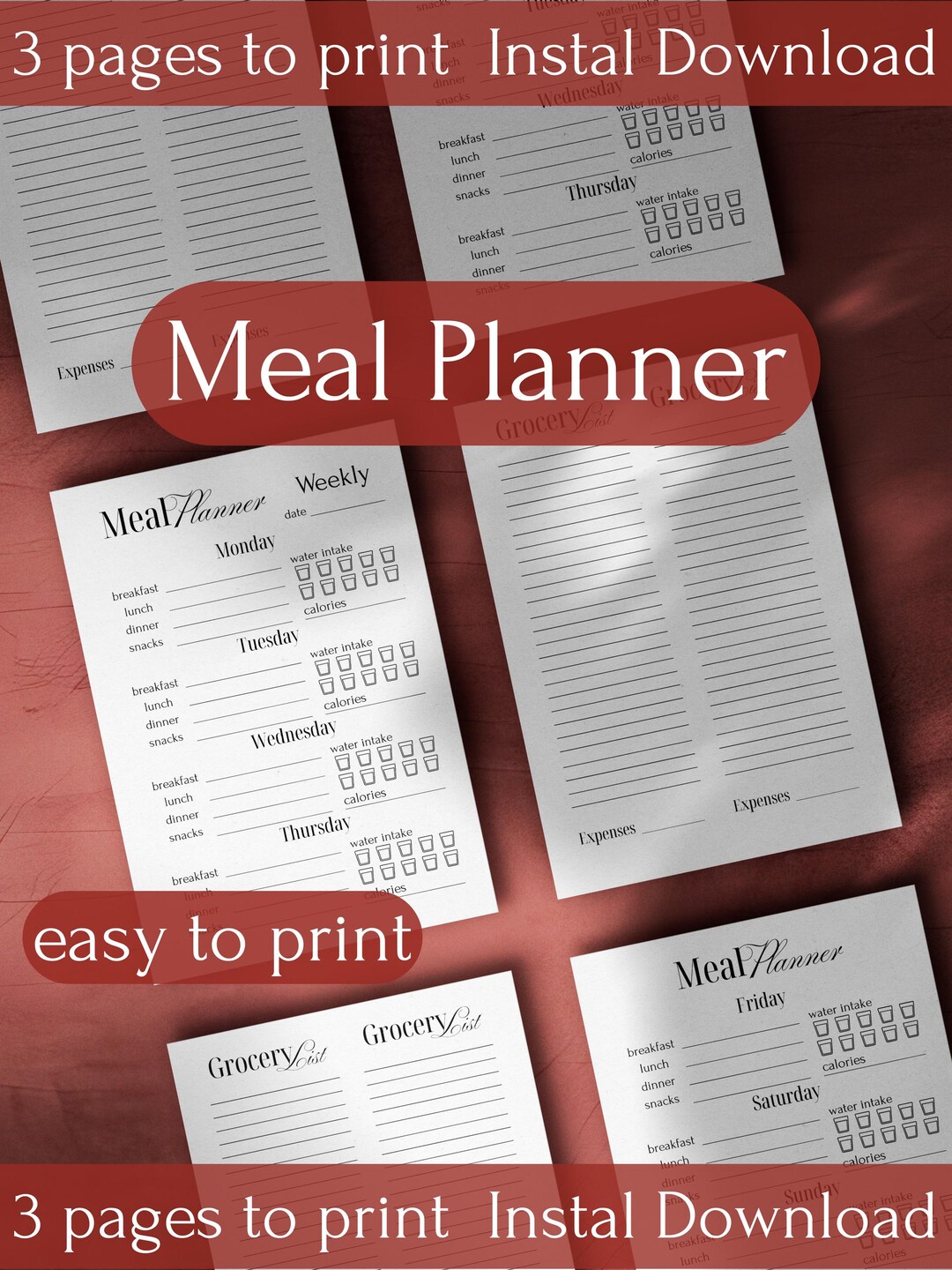 Weekly Meal Planner Printable With Water & Calorie Tracker, Food Diary ...