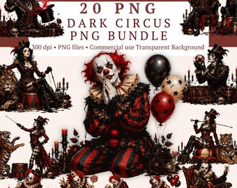 Mörk cirkus Clipart, gotisk karneval PNG, kuslig clown sublimering, vintage trollkarl Halloween, kuslig cirkusestetik
