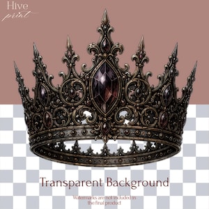 May include: An ornate dark metal crown featuring intricate scrollwork and filigree detailing. The crown is adorned with multiple dark, faceted gemstone inlays, including a prominent central marquise-shaped stone, set within a metallic frame.