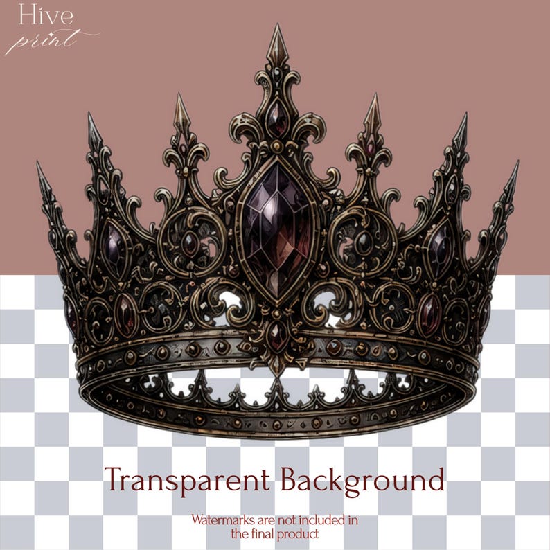 May include: An ornate dark metal crown featuring intricate scrollwork and filigree detailing. The crown is adorned with multiple dark, faceted gemstone inlays, including a prominent central marquise-shaped stone, set within a metallic frame.