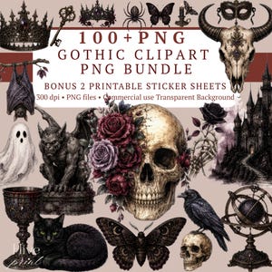 Peut inclure: Une collection numérique de 100+ images clipart gothiques PNG comprenant un crâne avec des roses, une gargouille, un chat noir, un corbeau, une chauve-souris, un château, des couronnes et des papillons. Le texte indique 100+ PNG GOTHIC CLIPART PNG BUNDLE.