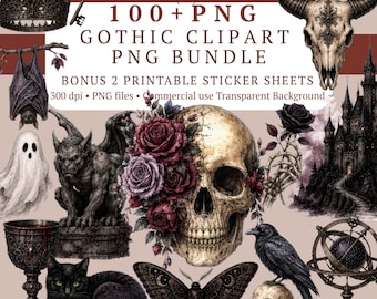 100+ Gothic PNG Bundle | Dark Academy Clipart | Witchcore Clip Art | Gothic Stickers | Halloween PNG | Junk Journal | Raven Skull Black Cat