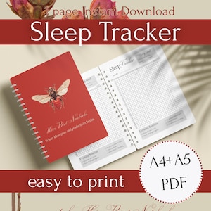 Puede incluir: Un cuaderno rojo de seguimiento del sueño con una ilustración de abeja y el texto "Hive Print Notebooks". El cuaderno abierto muestra una tabla de seguimiento del sueño. La imagen también incluye el texto "Sleep Tracker", "easy to print" y "A4+A5 PDF".