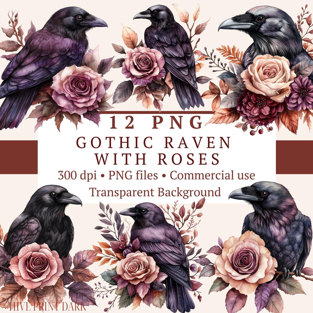 Gothic Raven With Roses PNG Bundle 12 Files | Black Crow Dark Romance ...