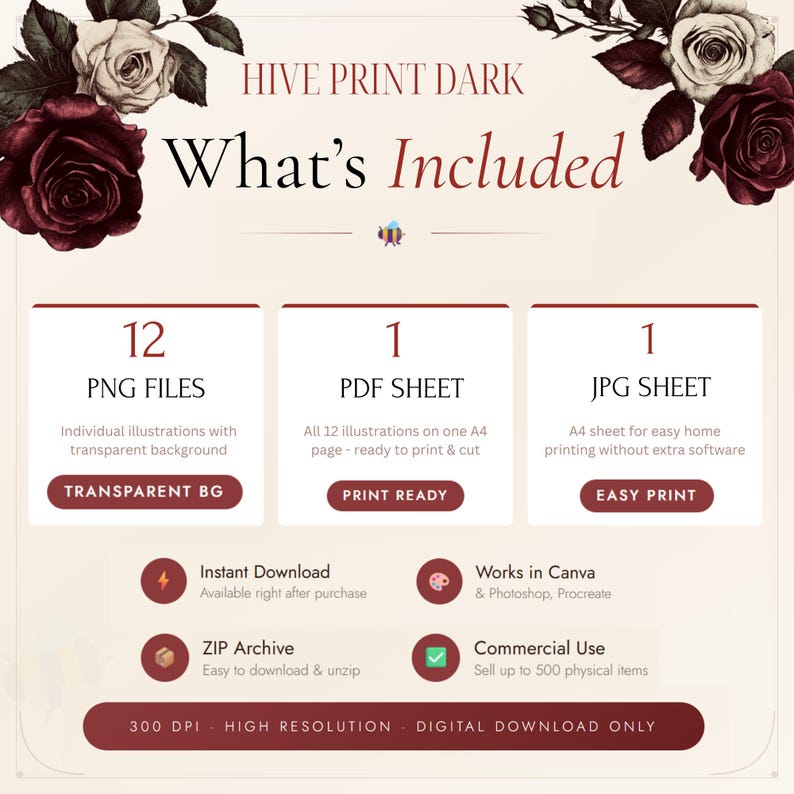 May include: Digital download graphic with the text "HIVE PRINT DARK" and "What's Included". The image details 12 PNG files, 1 PDF sheet, and 1 JPG sheet. Additional features include instant download, ZIP archive, and commercial use.