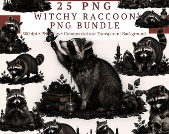 Witchy Raccoon Clipart PNG, Dark Academia PNG-paket, gotiska djurgrafik, stämningsfull estetisk clipart, Whimsigoth sublimeringsdesign