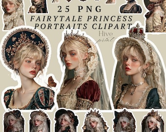 25 gotiska prinsess-PNG:er med vita konturer, viktoriansk mörk sagoprinsessa Clipart, rokoko antikt porträtt, mörk romantisk vintage-kungligheter