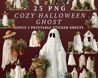 Mysigt Halloween-spöke PNG-paket, söt höstspöke-clipart, höst-Halloween-dekor PNG, häxig spöke-illustration, skräpjournal-nedladdning