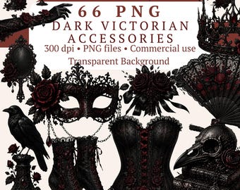 Dark Victorian Accessories PNG Bundle 66 Files | Gothic Masquerade Sticker Sheet | Occult Dark Romance Junk Journal