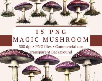 May include: Digital illustration of 15 magic mushrooms with purple caps and white spots. The mushrooms have white stems and are surrounded by green grass. The image includes the text "15 PNG MAGIC MUSHROOM 300 dpi • PNG files • Commercial use Transparent Background."