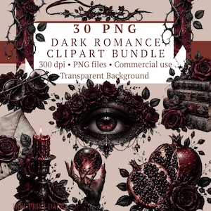 Pacchetto di clipart Dark Romance (30 file PNG) | Foglio di adesivi gotici e occulti | Booktok Dark Academia Junk Journal