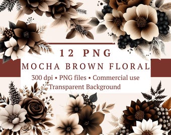 Mocha brun blommig PNG-paket 12 filer | Boho akvarell botanisk | Junk Journal Planner Clipart