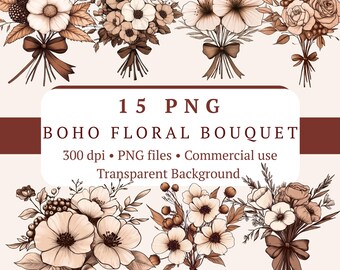 Boho blombukett PNG-paket 15 filer | Akvarell brun botanisk | Junk Journal bröllopsclip-art