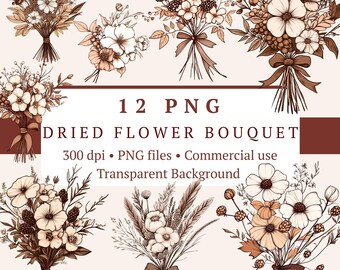 Torkad blombukett PNG-paket 12 filer | Boho akvarell vildblomma | Skräppost, scrapbookingkonst