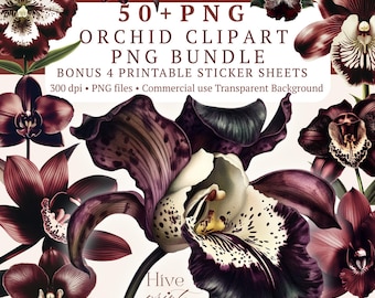 May include: A digital collection of 50+ PNG orchid clipart files and 4 printable sticker sheets. The images feature various dark purple and white orchid flowers with intricate petal patterns, presented against a light background with text.