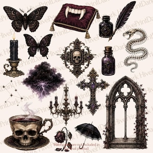 May include: A collection of gothic-themed illustrations featuring a skull teacup, a black candle in a holder, two butterflies, a pillow with vampire fangs, an inkwell with a quill, a snake skeleton, a skull frame, a chandelier, a cross, and an archway.
