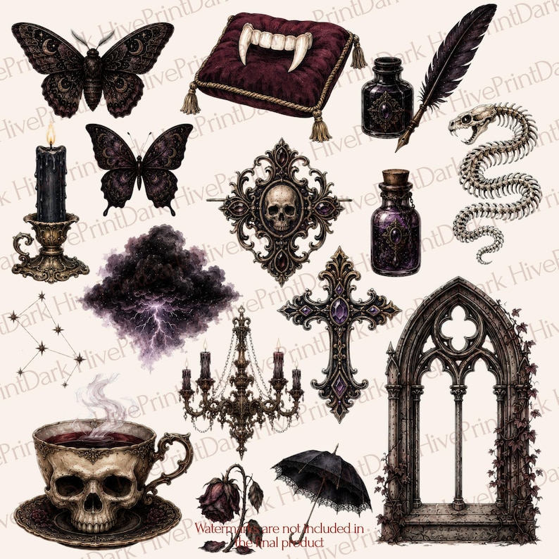 May include: A collection of gothic-themed illustrations featuring a skull teacup, a black candle in a holder, two butterflies, a pillow with vampire fangs, an inkwell with a quill, a snake skeleton, a skull frame, a chandelier, a cross, and an archway.
