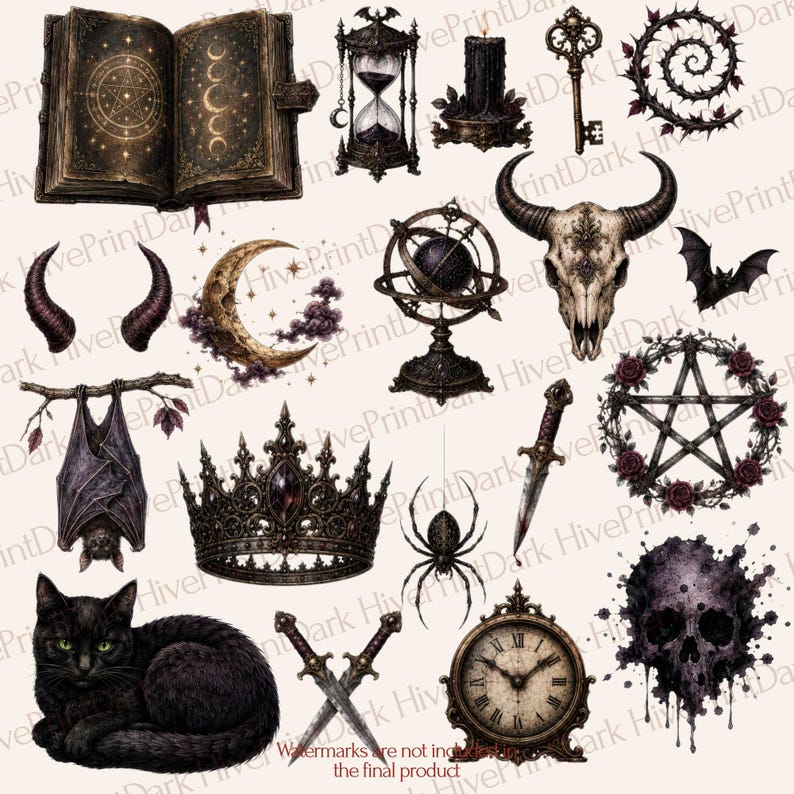100+ Gothic PNG Bundle | Dark Academy Clipart | Witchcore Clip Art | Gothic Stickers | Halloween PNG | Junk Journal | Raven Skull Black Cat image 3
