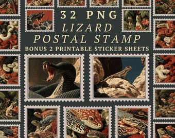 32 PNG Lizard Postal Stamp Bundle | Vintage Reptile Clipart | Snake & Lizard Wildlife Ephemera | Junk Journal | Reptile Art