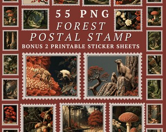 Skogsfrimärke PNG-paket, vintage skogsstämplar Clipart, naturephemera, skog PNG, skräpjournal och digital nedladdning av scrapbook