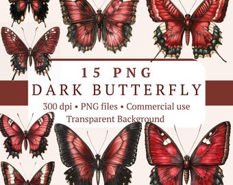 May include: A collection of 15 PNG images featuring dark red and black butterflies. The butterflies have detailed wing patterns and are arranged in a collage. Text on the image reads "DARK BUTTERFLY", "300 dpi", "PNG files", and "Commercial use".