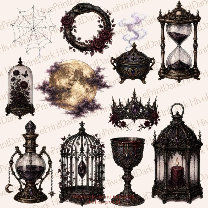 May include: A collection of gothic illustrations featuring a spider web, a snake wreath with roses, a smoking incense burner, an hourglass with a skull, a moon, a cloche with roses, a crown, a potion bottle, a birdcage, a chalice, and a lantern.