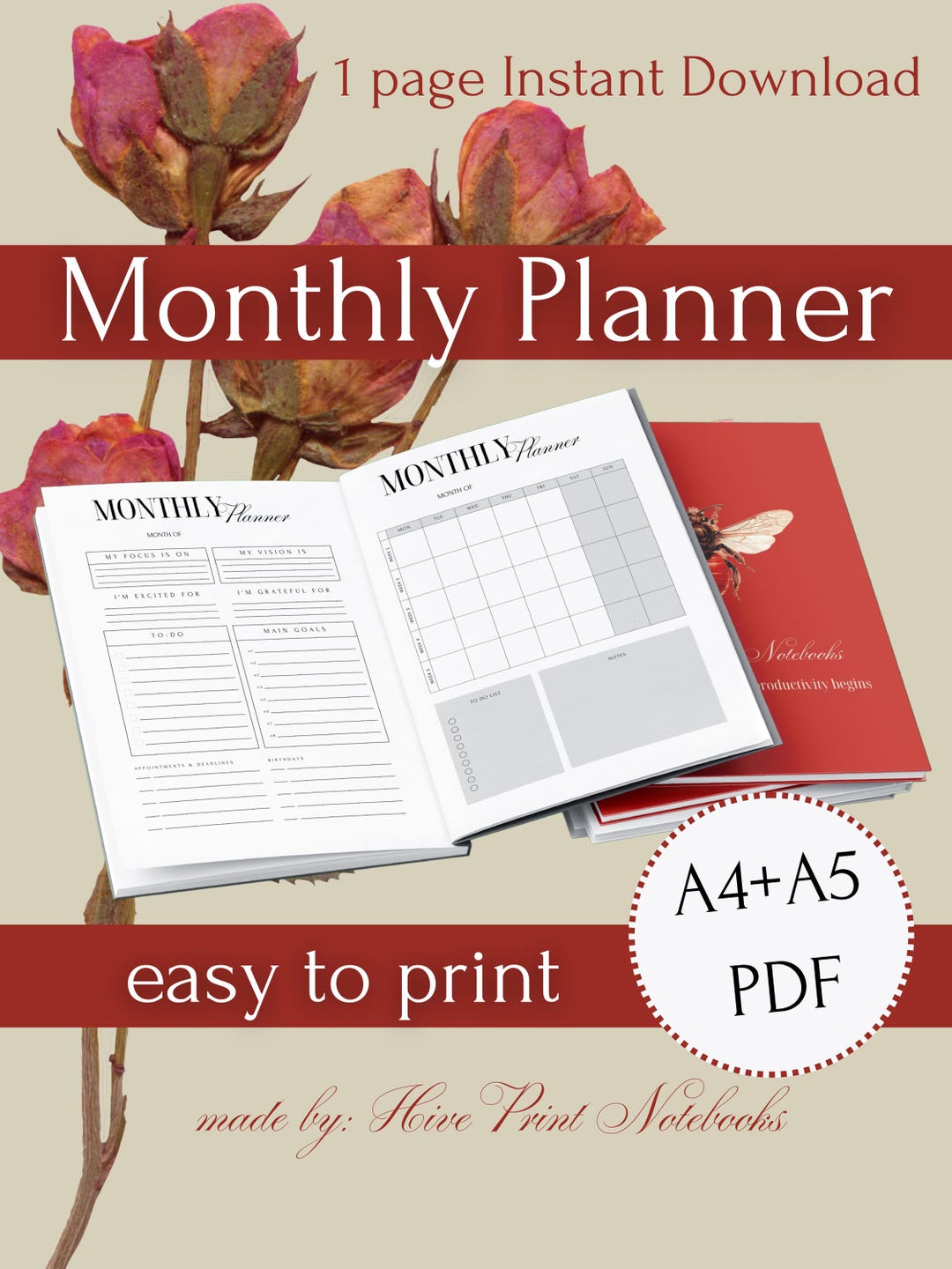 Minimalist Monthly Planner Printable | A4, A5, A4 With Two A5 | Monthly