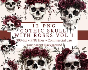 Gotisk dödskalle med rosor PNG-paket Vol 1 – 12 filer | Mörk romantisk Halloween | Häxig clipartkonst