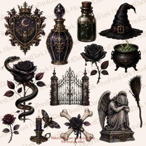 May include: A collection of gothic-themed illustrations featuring a crest with a bat and moon, ornate glass perfume bottles, a witch hat, a black rose, a cauldron, a snake coiled around a rose, an iron gate, a candle, a moth, bones, and an angel statue.