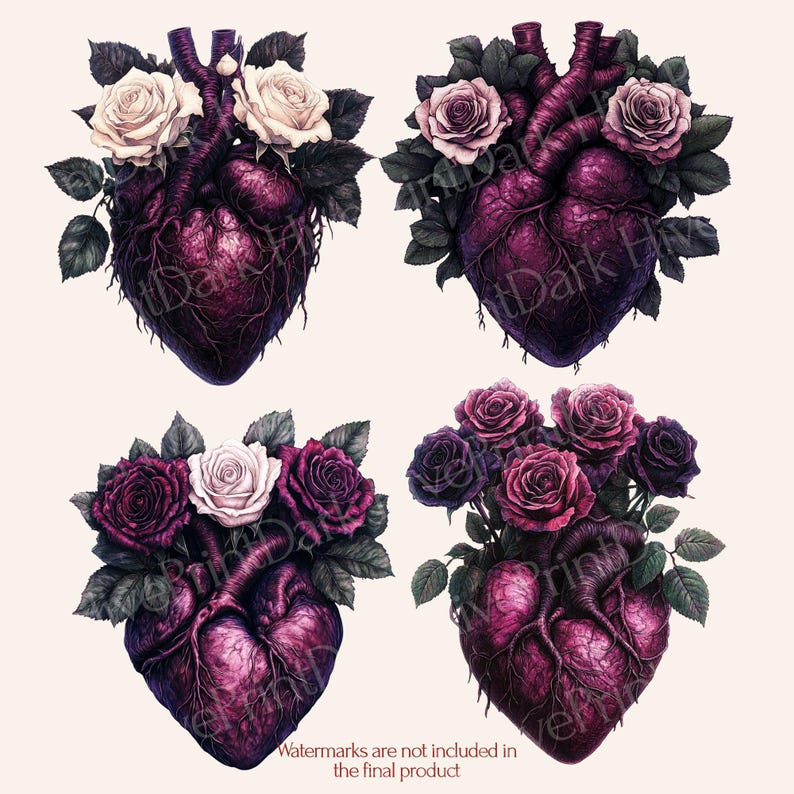 Purple Floral Anatomical Heart PNG Bundle — 12 unique deep purple anatomical hearts entwined with white roses, perfect for gothic, witchy, and dark romance aesthetic projects. Mystical and romantic — ideal for gothic stationery, dark journals, and dark romance design.