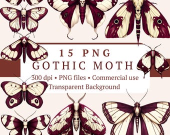 Gothic Moth PNG Clipart-paket med 15 filer | Vinröd mörk romantikkonst | Halloween-häxklistermärken