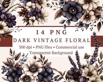 Dark Vintage Floral PNG Bundle Vol 1 – 14 Files | Navy Blue Gothic Bouquet | Junk Journal Wedding