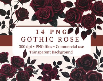 Gotisk ros PNG Clipart-paket 14 filer | Mörk vinröd svart ros | Halloween-blommiga klistermärken