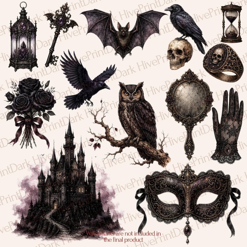 May include: A collection of gothic-themed illustrations featuring a dark castle, a bat, a raven perched on a skull, an owl on a branch, a bouquet of black roses, a lantern, a key, an hourglass, a hand mirror, a lace glove, and a filigree mask.