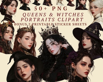 52 mörka prinsessor, drottningar och häxor PNG-paket, gotisk fantasyflicka Clipart, porträtt av mörk akademia, sublimerad häxkaraktär PNG