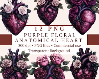 May include: Digital art featuring six purple anatomical hearts adorned with roses and foliage. The image includes the text "12 PNG PURPLE FLORAL ANATOMICAL HEART" and other details about the product.
