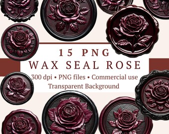 Vaxsigill Ros PNG-paket 15 filer | Gotiskt mörkt romantiskt bröllop | Kuvertsigillkonst för skräpjournal