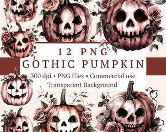 Gotisk pumpa PNG Clipart-paket 12 filer | Halloween mörk romantik | Jack O'Lantern häxklistermärken