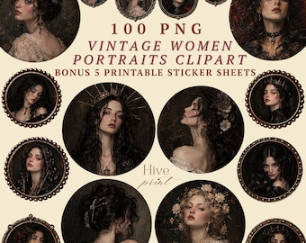 100 PNG viktorianska gotiska kvinnor porträttpaket | Vintage Cameo Clipart | Dark Academia Lady PNG | Antik porträtt skräpjournal