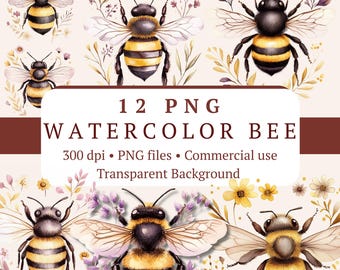 Watercolor Bee PNG Clipart Bundle 12 Files | Floral Bumble Bee Cottagecore | Junk Journal Stickers