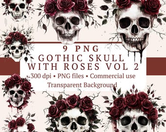 Gotisk dödskalle med rosor PNG-paket Vol 2 – 9 filer | Mörk romantik Halloween | Junk Journal-klistermärken
