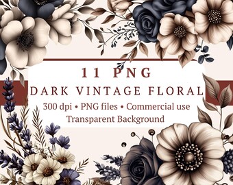 Mörk vintageblommig PNG-paket Vol 2 – 11 filer | Marinblå gotisk bukett | Junk Journal-bröllop