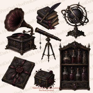 May include: A collection of dark-toned illustrations featuring a gramophone, a stack of books with a quill, an armillary sphere, a telescope on a tripod, a sealed book, a small ornate chest, and a wooden shelf filled with glass potion bottles.