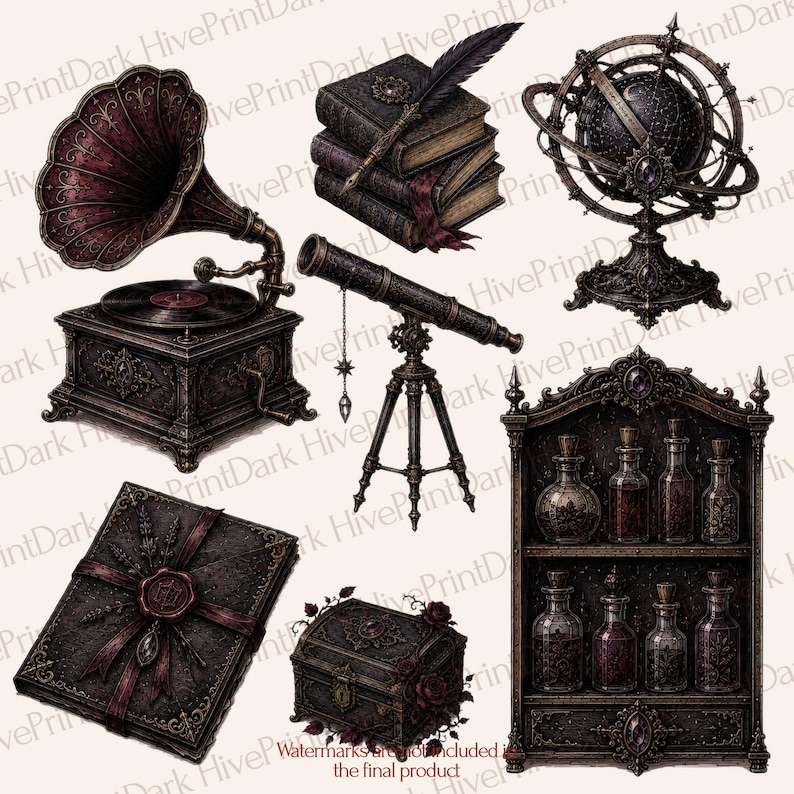 May include: A collection of dark-toned illustrations featuring a gramophone, a stack of books with a quill, an armillary sphere, a telescope on a tripod, a sealed book, a small ornate chest, and a wooden shelf filled with glass potion bottles.